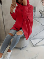 Plus Size, New European and American Women's Plus Size Hooded Sweatshirt with Full Front Zipper, Fashionable Asymmetric Hem Slit, Wide and Comfortable, Breathable, Thick and -Lined, Loose Fit, Long Sleeve, Warm for Autumn and Winter - Red
