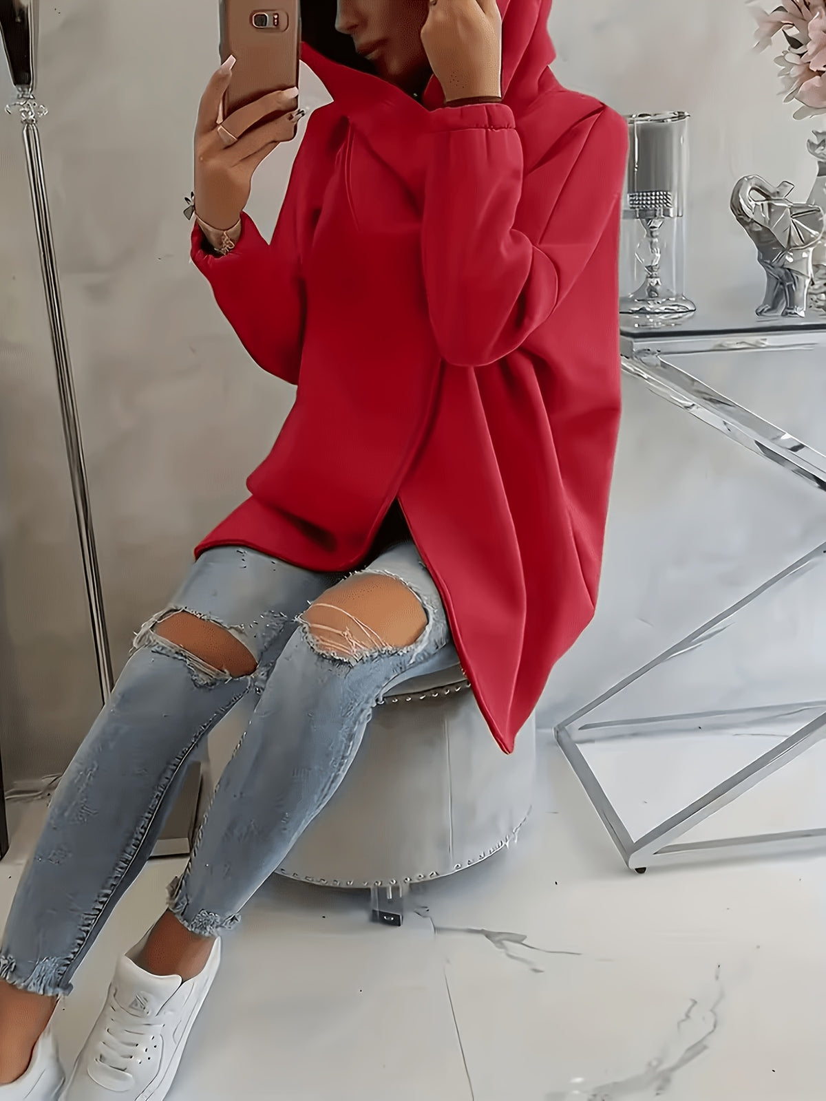 Plus Size, New European and American Women's Plus Size Hooded Sweatshirt with Full Front Zipper, Fashionable Asymmetric Hem Slit, Wide and Comfortable, Breathable, Thick and -Lined, Loose Fit, Long Sleeve, Warm for Autumn and Winter - Red