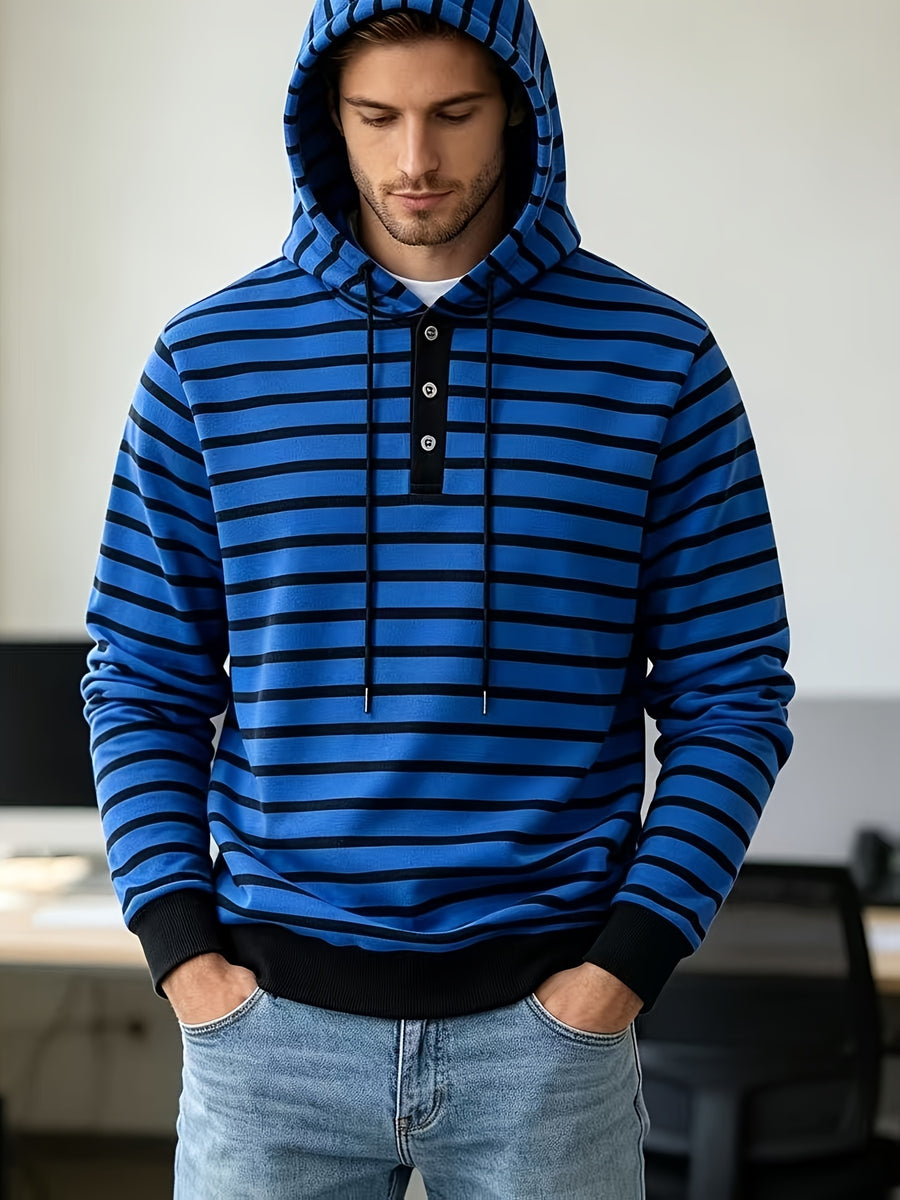 2026 New Men'S Striped Hooded Sweatshirt, Half-Button Drawstring Hoodie, Casual Long Sleeve Pullover Top - Royal Blue