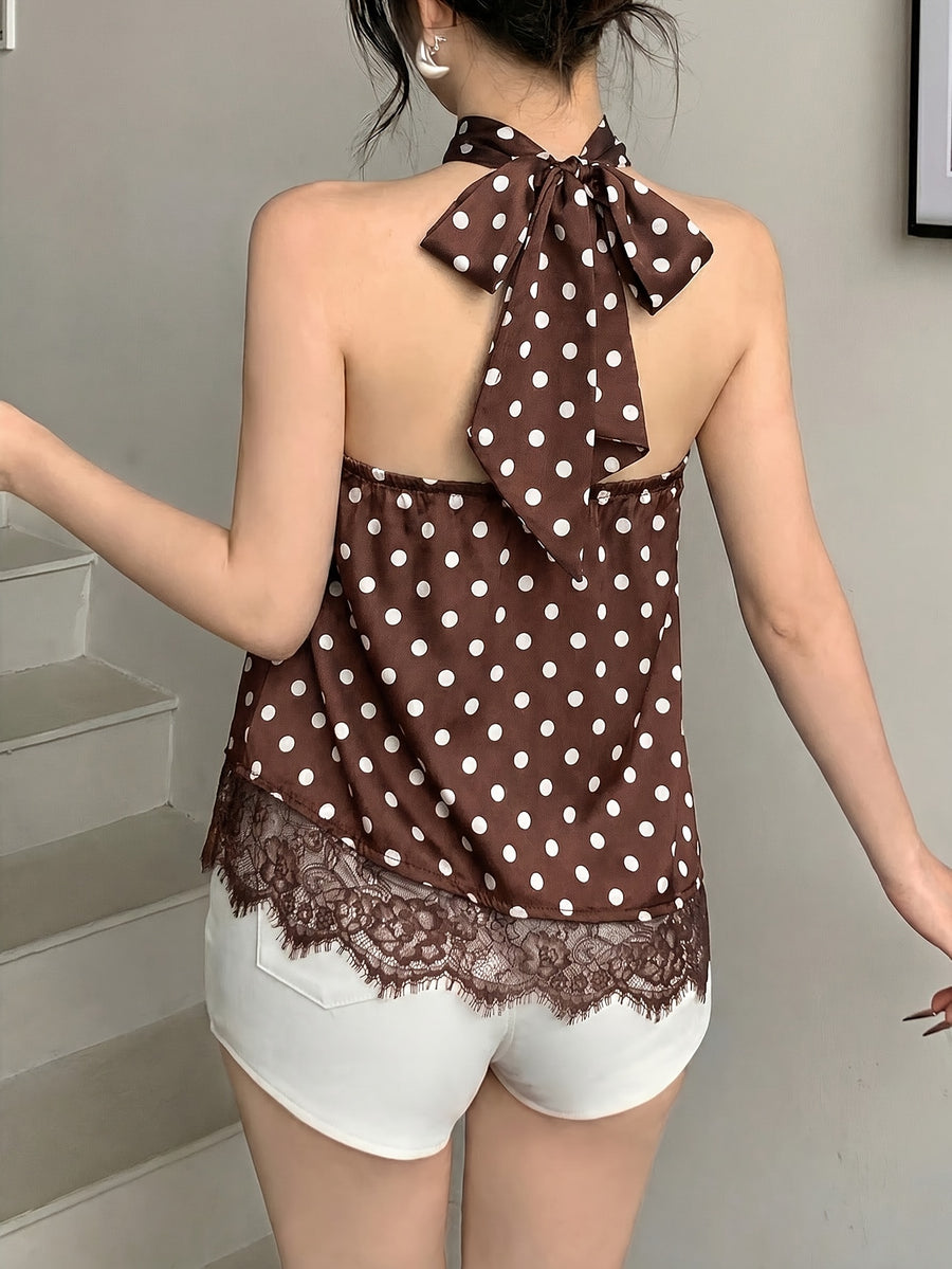 Women'S Brown Polka Dot Backless Bow Strap Short Top, Lace Patchwork Asymmetrical Hem, Retro Sweet Style, Suitable for Sexy, Ideal for Beach Vacation, Daily Outings, Dates, Birthday Parties, And Spring/Summer Occasions - Light Brown-1