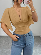 Ladies Elegant New V-Neck Texture Bust Pleats Ruffle Sleeves Slim Waist Elegant Jumpsuit, V-Neck Asymmetrical Cuffs Bodysuit Top - Khaki