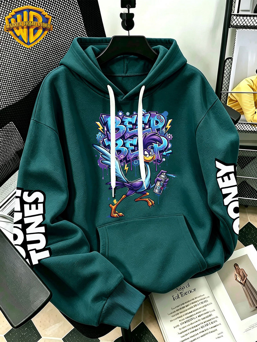WB Warner Bros Official Men's & Women's Cyber Graffiti Runaway Bird Hoodie - Iconic WB Print Sweatshirt, Adjustable Hood, Loose Fit Warm Pullover for Fall/Winter, Machine Washable Suitable for Daily Wear & Outdoor Sports - Green