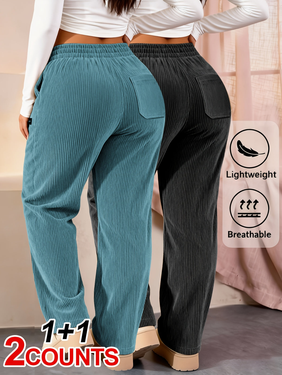 2-Pack Women'S Elegant Casual Fashion Corduroy Pants | Lightweight, All-Season Comfort, Solid Color with Pockets, Suitable for Various Occasions - Black Color+Blue