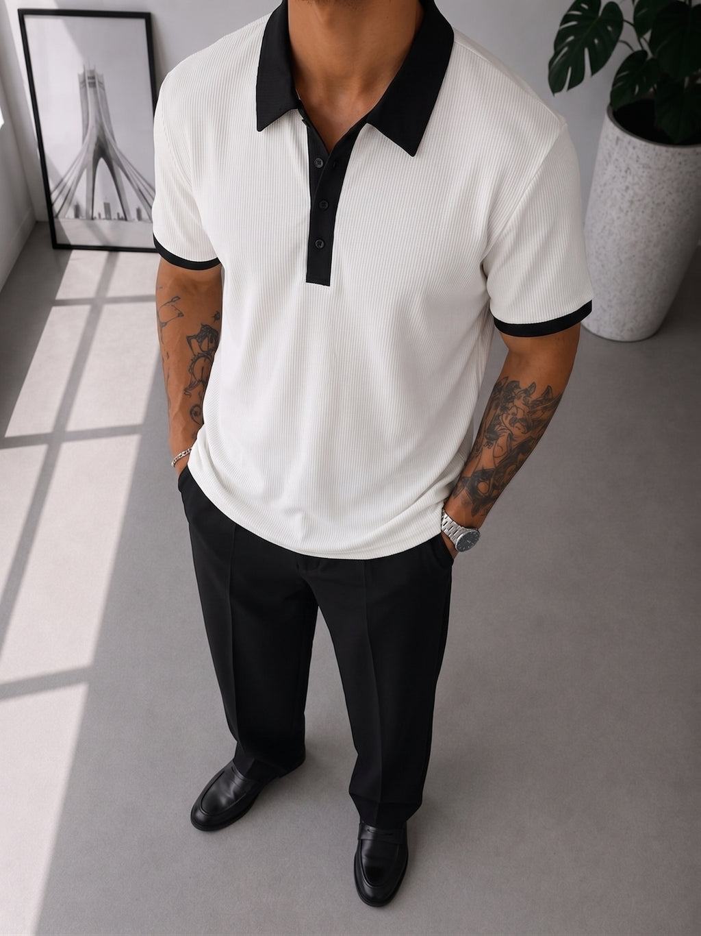 [Villa Le Water OBM] Men'S Heavyweight Patchwork Button-Up Collar American POLO Retro Short Sleeve - White
