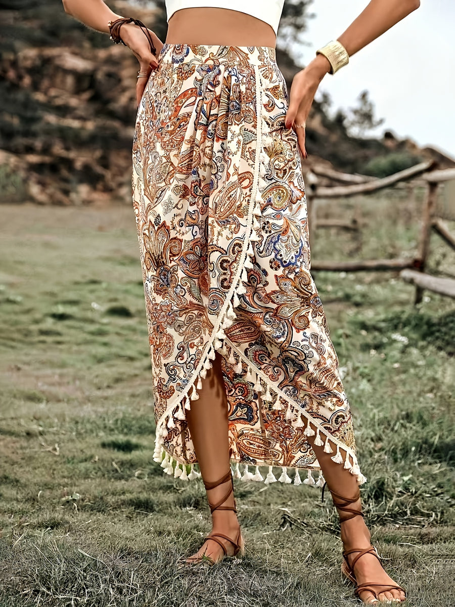AK260309035 Paisley Pattern Fringe Hem Wrap Hem Maxi Dress, Women's Autumn Vacation Beachwear Fabric - Multicolor
