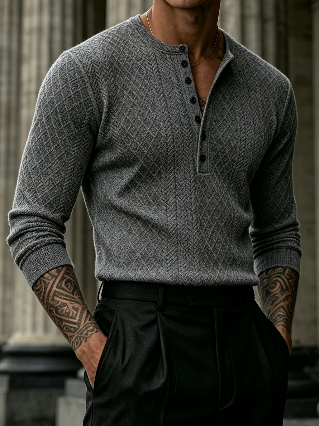 Joshmei OBM Black Friday Men's Dark Gray Geometric Knit Henley Neck Top, Diamond Weave Jacquard Pattern, Refined Casual Style, Autumn/Winter Slim Fit Long Sleeve Pullover, Suitable for Daily Commuting, Streetwear, and Weekend Gatherings - Dark Gray