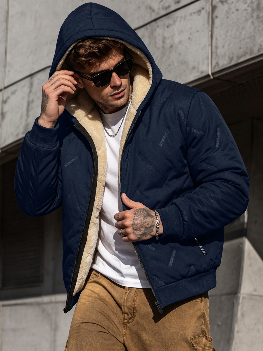 CWPKF Men's Winter Hooded Windproof Jacket with Padded & Zippered Pockets - Thickened Warm Coat Suitable for Weather, Machine Washable Hooded Outerwear for Daily Commute, Outdoor Activities, Gift Choice (Regular Fit) - Blue