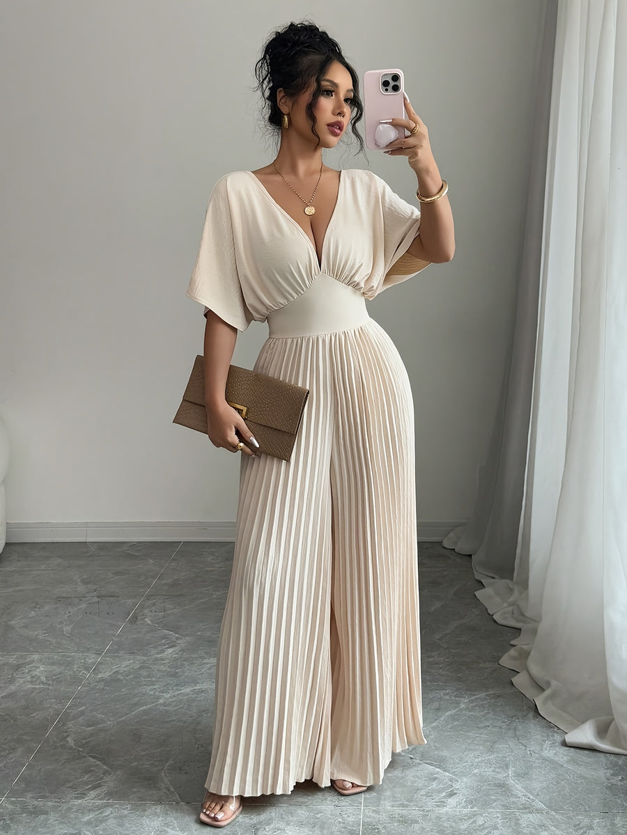 Women's Elegant Batwing one-Piece Pants - Formal & Casual Outfit, Flowy Long Pants, Machine Washable Non-Transparent Party & Casual Attire for Women, Seasonal Fashion, Vneck Design, Nontransparent Fabric - Apricot