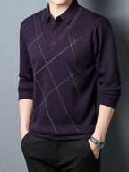 Fake Two-Piece Men'S Top Autumn Winter Base Layer Checkered Shirt Collar Men'S Business Casual Versatile Inner Top - Purple