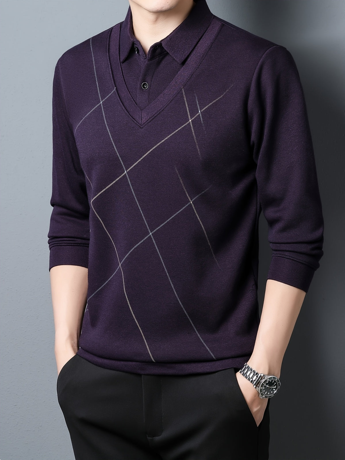 Fake Two-Piece Men'S Top Autumn Winter Base Layer Checkered Shirt Collar Men'S Business Casual Versatile Inner Top - Purple