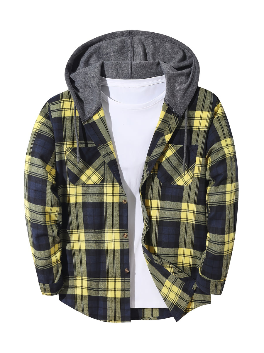 Men'S Plaid Hoodie Fashion Hoodie Fleece Shirt Price Long Sleeve Casual Button-Up Hoodie, Autumn Essentials - Yellow Navy Blue A4