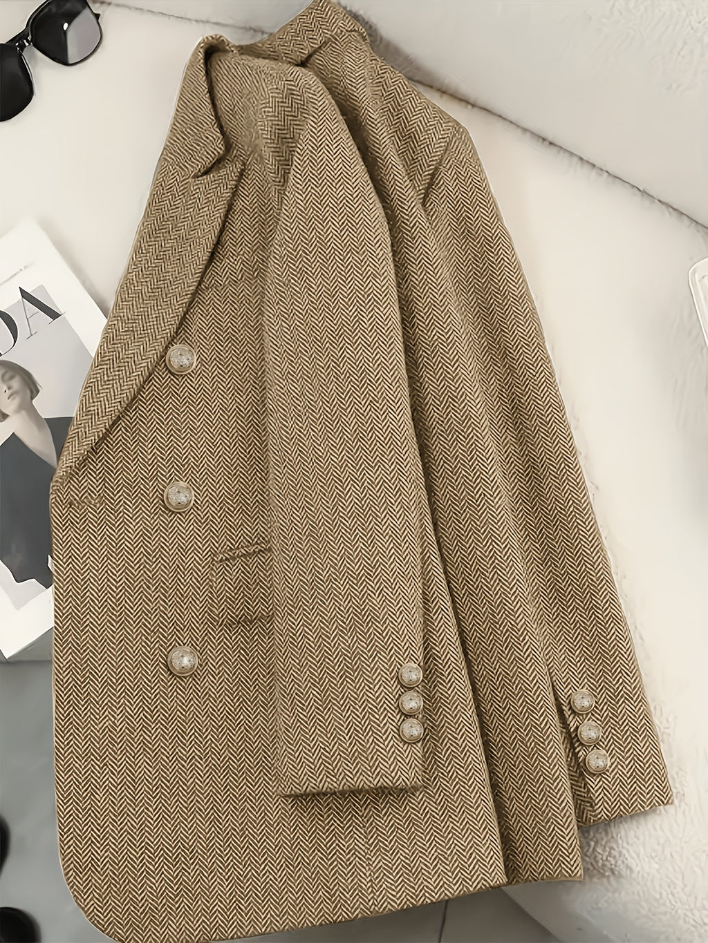 Retro Fashion Herringbone Twill Tweed Double-Breasted Suit Jacket - Khaki