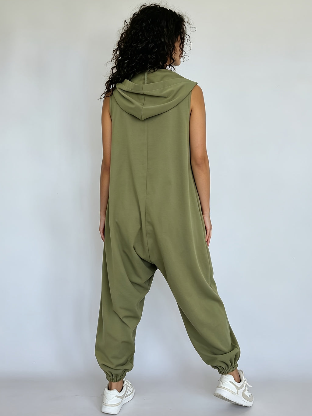 SEPCHIR Women's Sleeveless Half-Zip Hooded Romper - Solid Color Oversized Jumpsuit with Cuffed Hem & Zipper Front, Loose Fit Spring/Summer Outfits Suitable for Daily Wear, Shopping, Weekend Outings, Machine Washable - Olive