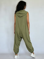 SEPCHIR Women's Sleeveless Half-Zip Hooded Romper - Solid Color Oversized Jumpsuit with Cuffed Hem & Zipper Front, Loose Fit Spring/Summer Outfits Suitable for Daily Wear, Shopping, Weekend Outings, Machine Washable - Olive