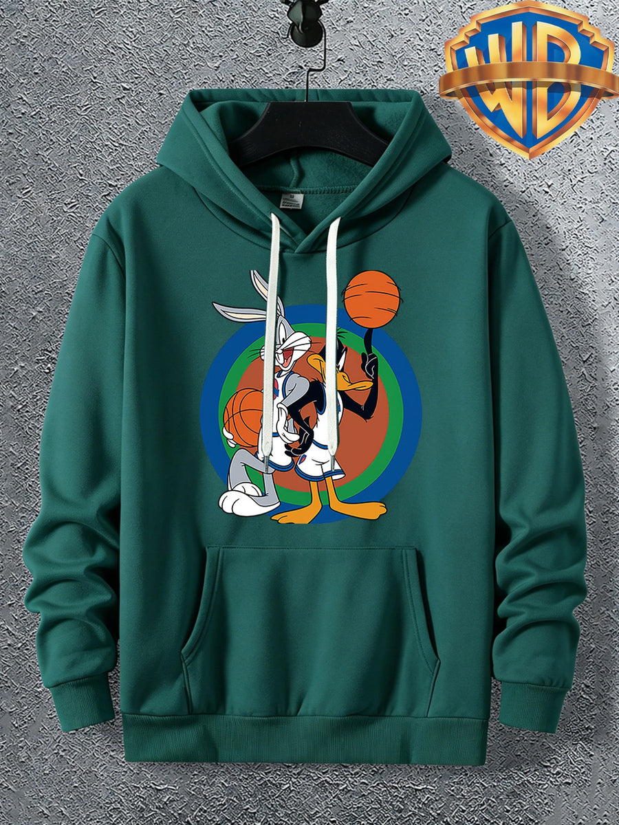 Warner Licensed Men'S Autumn Long Sleeve Hooded Sweatshirt, Durable Ribbed Cuffs, Breathable Polyester Fabric, Round Bottom with Rabbit And Duck Cartoon Print, Suitable for School Youth Casual Wear, Class, Club, Court Activities - Green