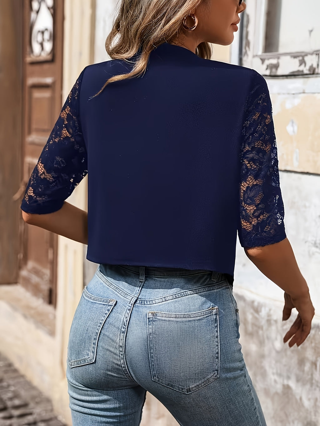 Women's Elegant and Stylish Lace Sleeve Color-Block Open-Front Blazer, Spring/Autumn/Winter Suit Top - Sea Blue