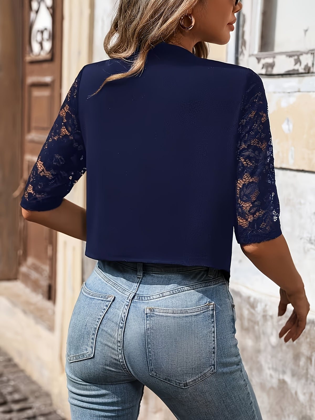 Women's Elegant and Stylish Lace Sleeve Color-Block Open-Front Blazer, Spring/Autumn/Winter Suit Top - Sea Blue