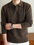 Men'S Color-Block Trimmed Lapel Long Sleeve Knit Sweater, Ribbed Cuffs And Hem, Versatile for Casual And Business Casual Wear - Brown