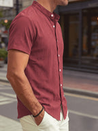 New Summer Men's Thin Stand Collar Casual Shirt, Solid Color Short Sleeve Business Fashion Button-Up Shirt for Muscular Men, Stylish Short Sleeve Design Suitable for Casual and Office Wear - Rust Red