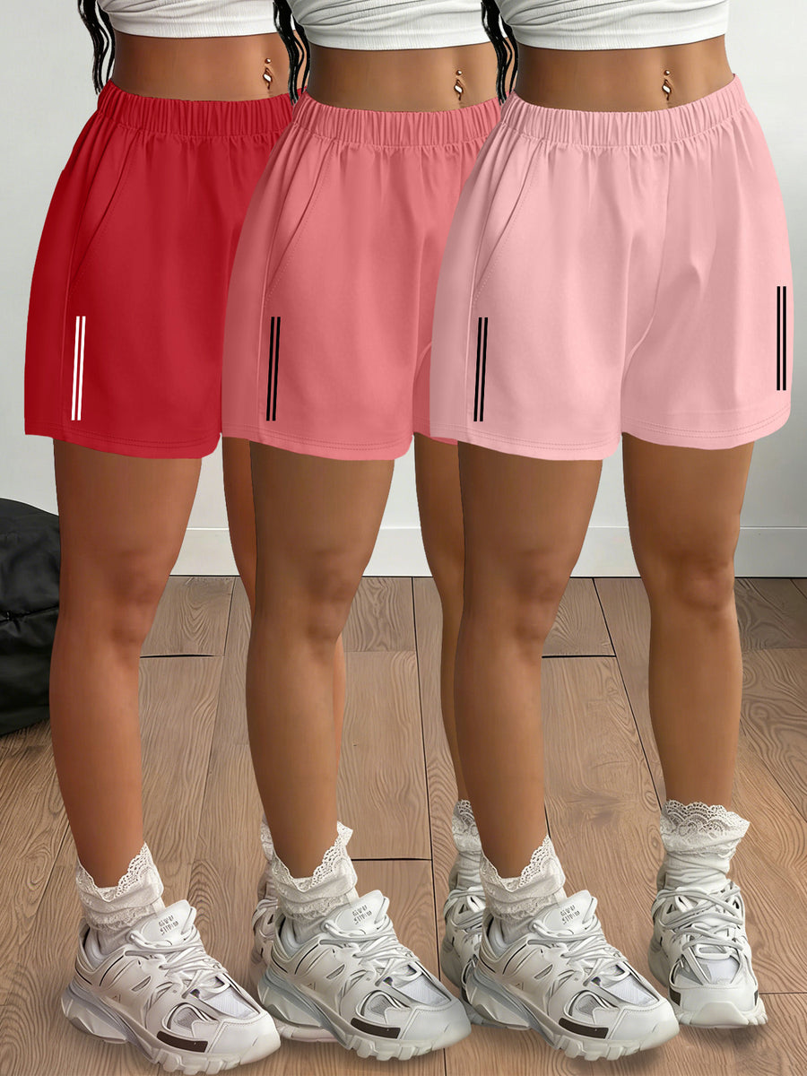 2026 Spring/Summer New Arrival Women's Bottomwear Fashion Black & White Striped Print Leg-Length Enhancing Casual Loungewear Light Y  Streetwear Elastic Waist Two-Side Pocket Shorts 3pcs Set - Red + Rose + Pink