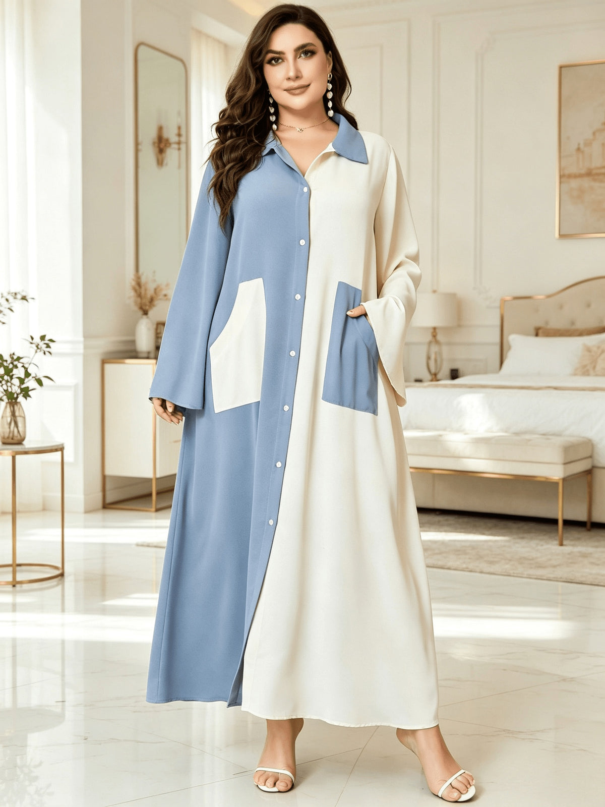 Plus Size, Islamic Blue and Beige Color-Block Shirt Collar Button-Up Plus Size Abaya, Arabic Ramadan Eid Al-Adha Eid Al-Adha Sacrifice Festival Robe with Pockets, Loose Fit Long Sleeve Full-Length Muslim Cover-Up Gown - Gray Blue