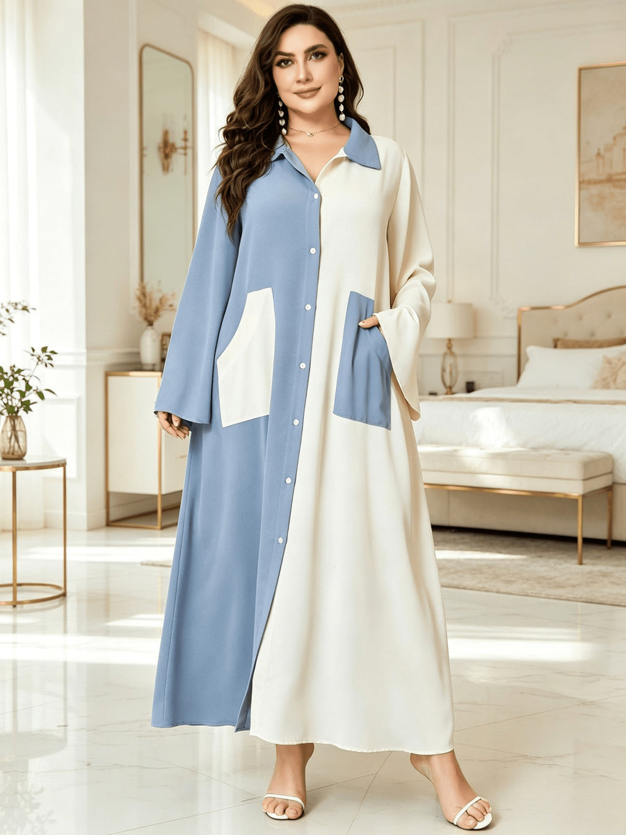 Plus Size, Islamic Blue and Beige Color-Block Shirt Collar Button-Up Plus Size Abaya, Arabic Ramadan Eid Al-Adha Eid Al-Adha Sacrifice Festival Robe with Pockets, Loose Fit Long Sleeve Full-Length Muslim Cover-Up Gown - Gray Blue