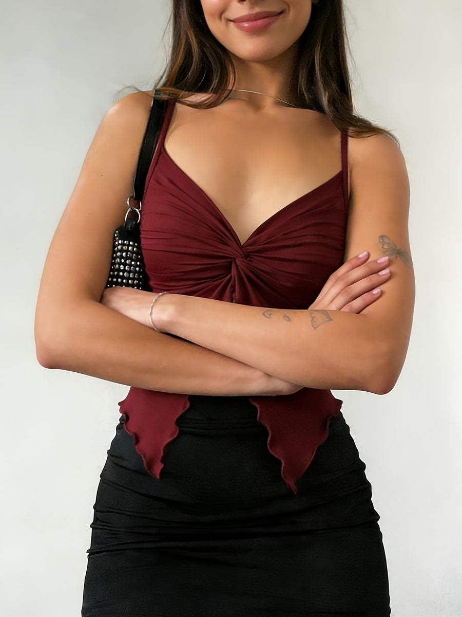 1pc Women'S Front-Slit Hem Camisole Top, Vacation Style, Design-Oriented Sexy Solid-Color Tank Top, Summer Cute Top Single Piece - Burgundy