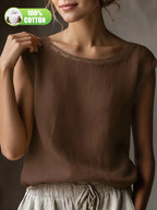 Summer Women'S Literary All- Retro Shirt 100% Top Lace Hollow Collar Loose Casual Versatile Everyday ASD1 - Brown