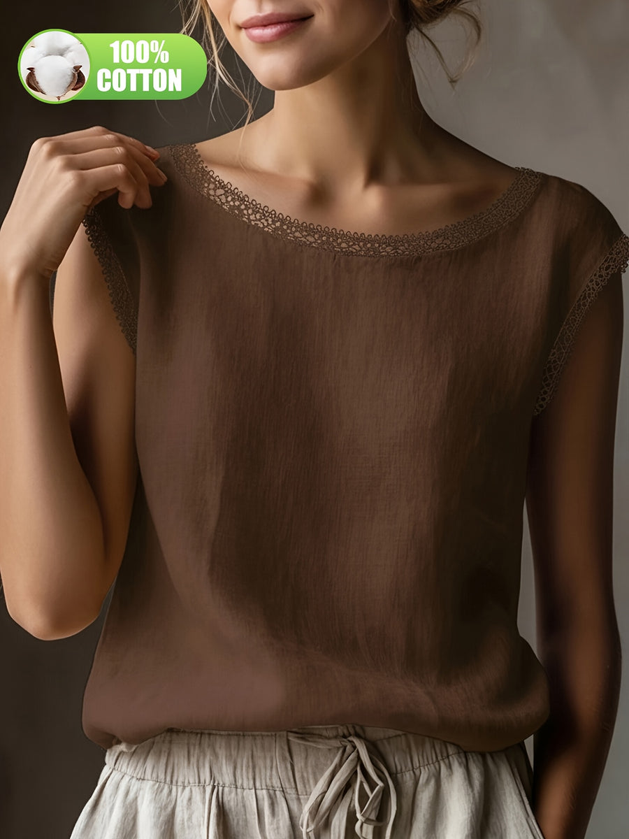 Summer Women'S Literary All- Retro Shirt 100% Top Lace Hollow Collar Loose Casual Versatile Everyday ASD1 - Brown
