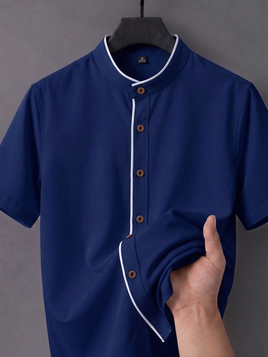 Men'S Short-Sleeved Shirt, Henley Collar/Stand-Up Collar Design, Placket Splicing Contrast Color Design - Navy Color