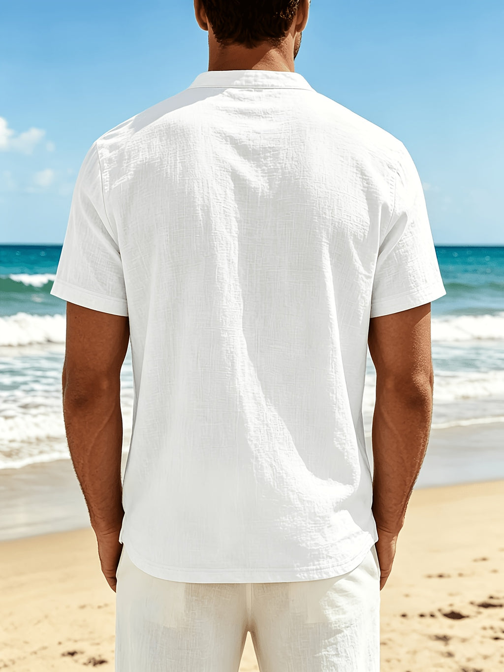 2pcs Men's Linen Outdoor Short Sleeve Vintage Linen Casual Fashion Loose Fit Breathable Comfortable V-Neck Shirt, Suitable for Daily Leisure, Outings, Travel, and Beach - White+black