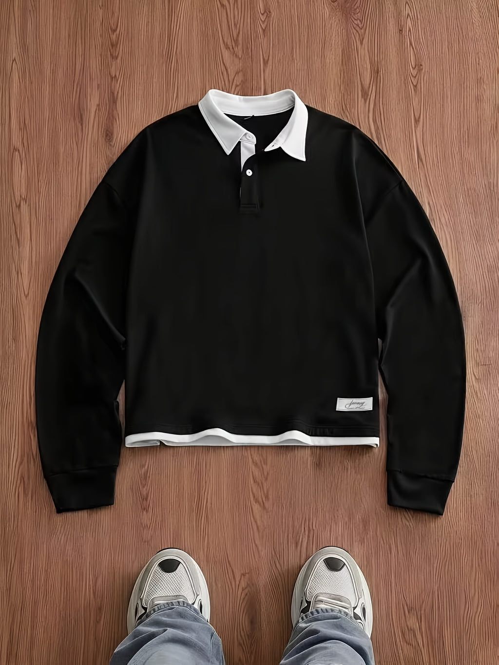Men's 2-in-1 Look Short Polo Shirt, Contrast Color White Collar Hem Faux Layered Loose Vintage Street Style Long Sleeve Top - Black