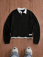 Men's 2-in-1 Look Short Polo Shirt, Contrast Color White Collar Hem Faux Layered Loose Vintage Street Style Long Sleeve Top - Black