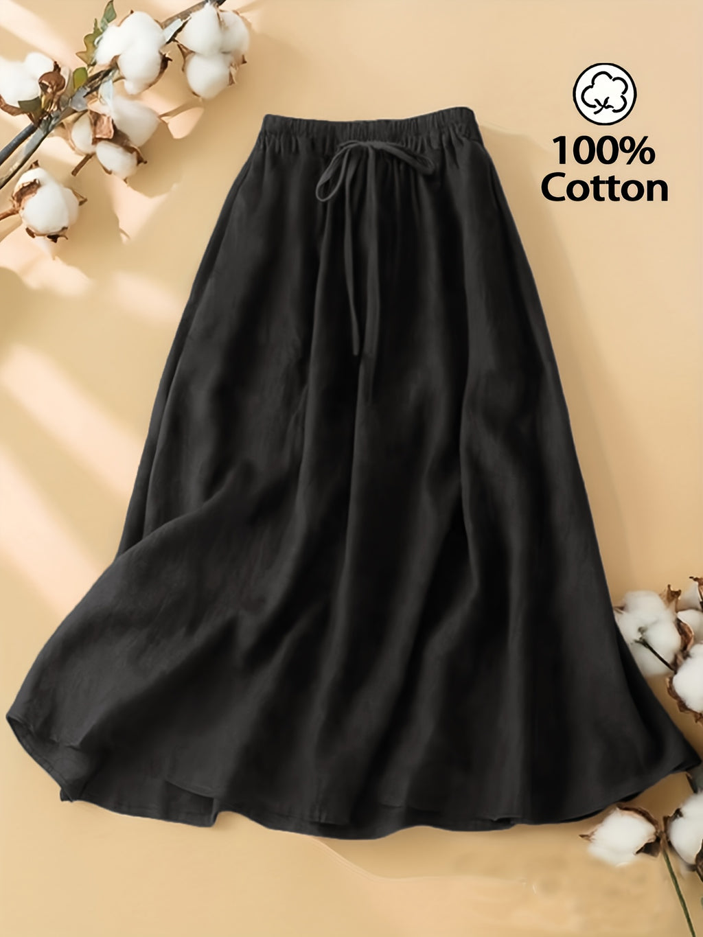 Women'S Solid Color Elegant Style Tie Skirt, Women'S Artistic Style Mid-Length Elastic Waist Skirt, Women'S Casual Solid Color Pure Comfortable Skirt with Invisible Pockets, Suitable for Daily Leisure, Commuting, Beach Vacation Wear - Black