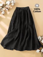 Women'S Solid Color Elegant Style Tie Skirt, Women'S Artistic Style Mid-Length Elastic Waist Skirt, Women'S Casual Solid Color Pure Comfortable Skirt with Invisible Pockets, Suitable for Daily Leisure, Commuting, Beach Vacation Wear - Black