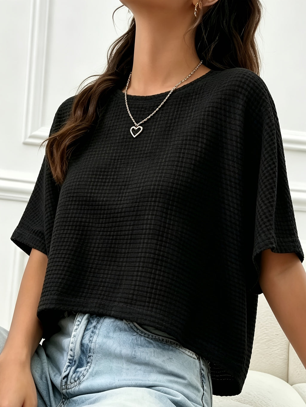 Women's Casual Loose-Fit Waffle Short Crop Crew Neck Short Sleeve T-Shirt for Daily Commuting - Black
