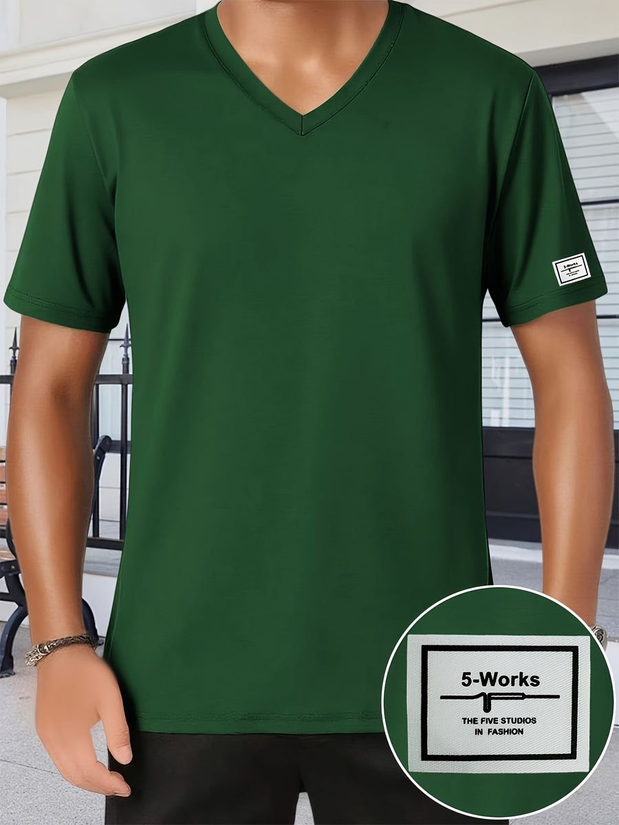 Men'S Patchwork V-Neck Short Sleeve T-Shirt, Suitable for Summer Outdoor Casual Wear, Casual Versatile Knit Top - Dark Green 3
