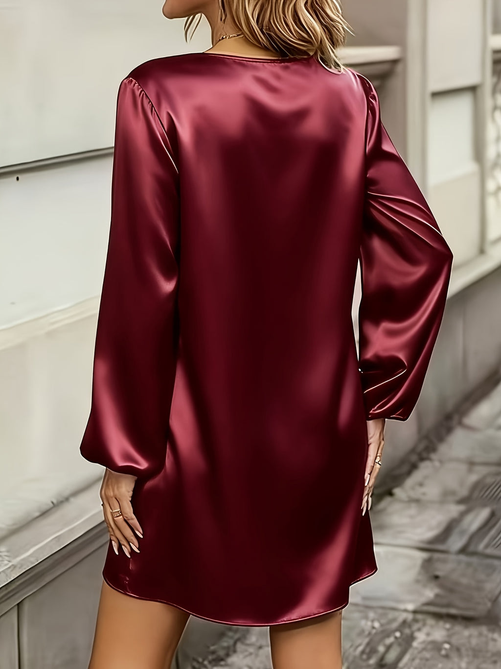 New Section Versatile Easy High-End Elegant V-Neck Solid Color Dress - Burgundy