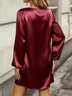New Section Versatile Easy High-End Elegant V-Neck Solid Color Dress - Burgundy