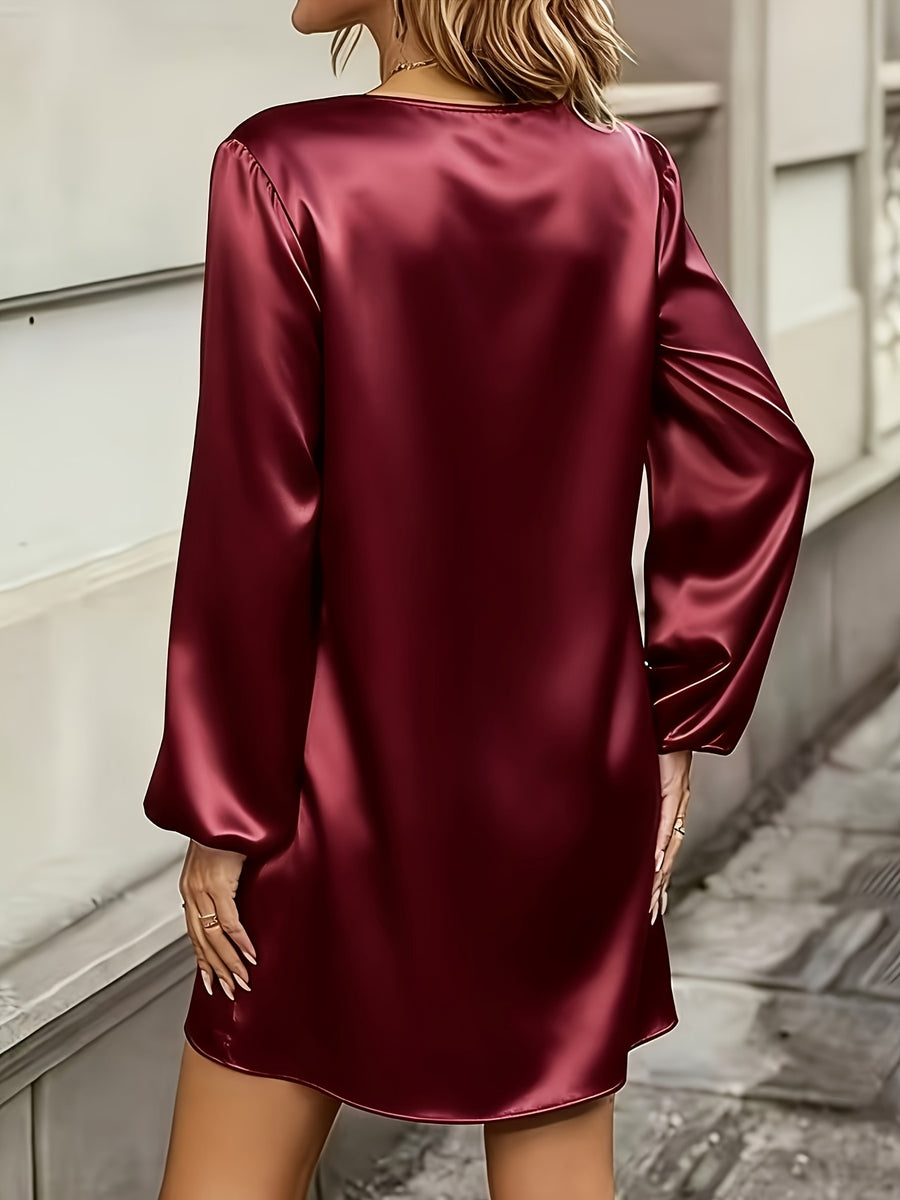 New Section Versatile Easy High-End Elegant V-Neck Solid Color Dress - Burgundy