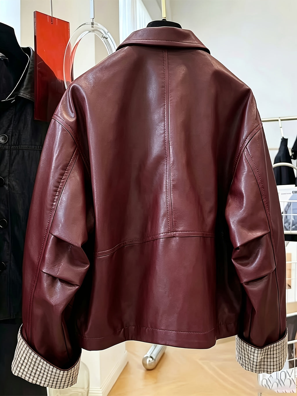Contrast Sleeve Statement Jacket. Motorcycle Riding Windproof Outerwear - Burgundy