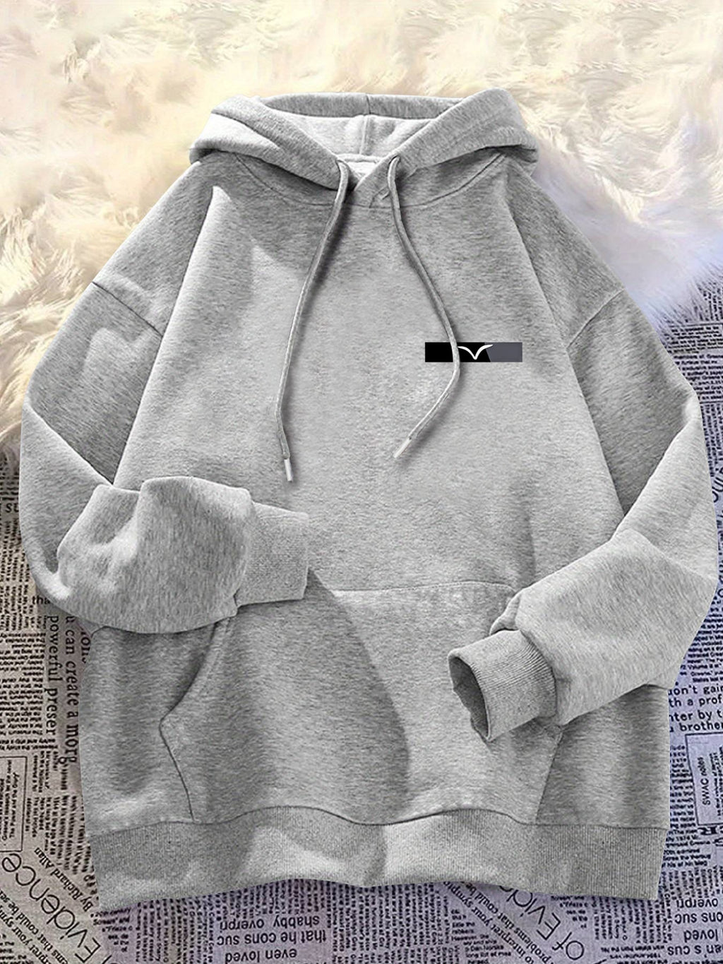 Men'S Chest Mini Small Label Print Hooded Sweatshirt Basic All-Match Men'S Black Pullover Long Sleeve Hoodie - Light Grey