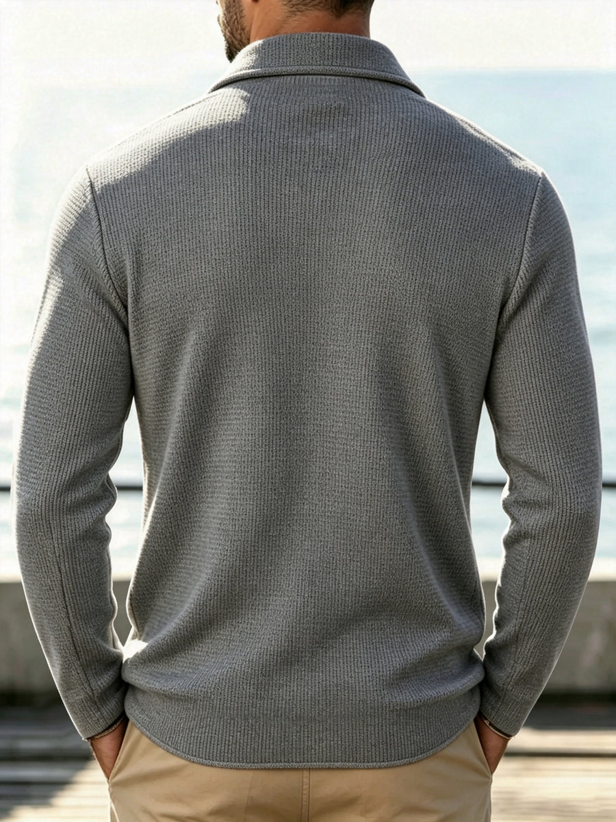 Men's New Spring, Autumn, and Winter Waffle Knit Heavyweight Single-Breasted Open Front Cardigan with Lapel Collar and Double Pockets, a Versatile Long-sleeve Business Casual Jacket. Soft, Comfortable, and Stylish Solid-color Knit Outerwear - Gray+gray