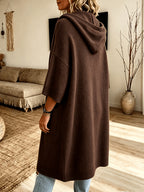 Plus Size - Women'S Spring Autumn Elegant Casual Cute Sexy Gentle Solid Color Hooded Drawstring Thick Long Sleeve Soft Warm Coat Button-Up Cardigan Jacket - Coffee Color