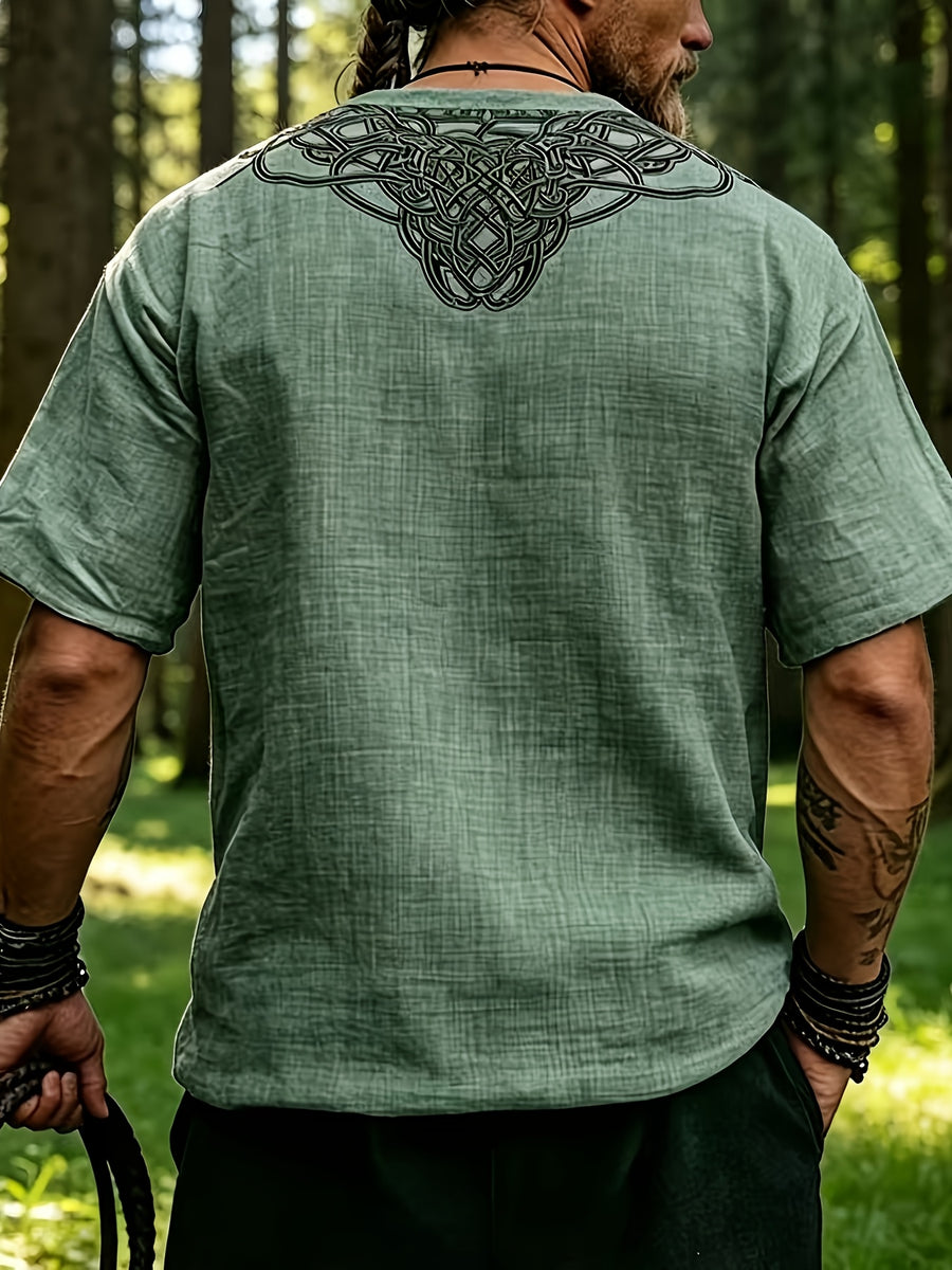 2026 Summer New Men'S Ethnic Style Short Sleeve Print V-Neck T-Shirt, Loose Casual Top - Olive Green