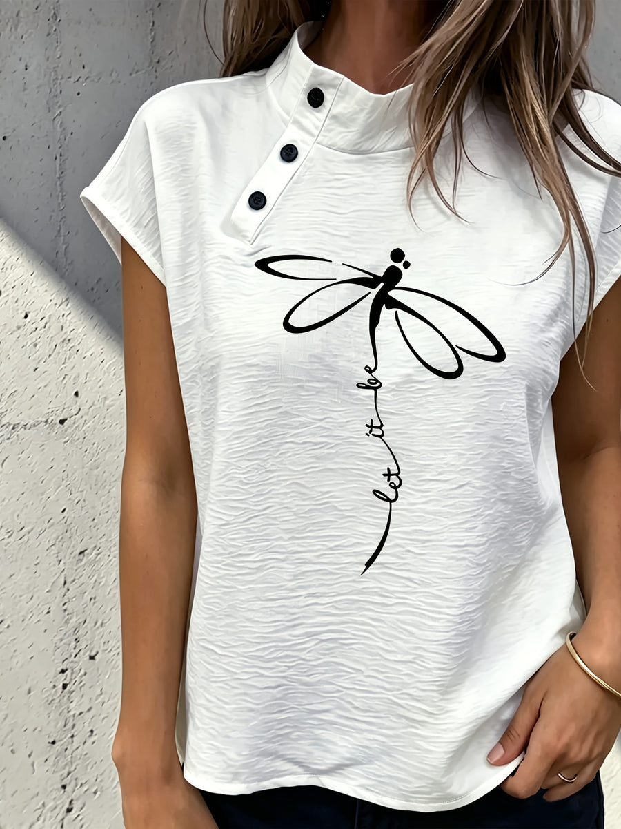Casual Comfortable Elegant Chic Small Stand Collar Button-Up Sleeveless Dragonfly Butterfly Print White Shirt - White No. 1