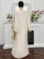 Women's Loose-fit Long-sleeve Dress, Arabic Style, Adorned with Embroidery and Cross Patterns - Apricot