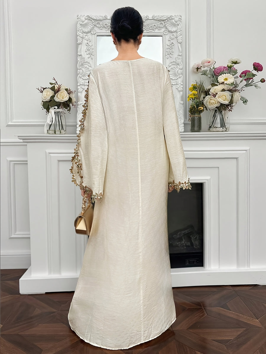 Women's Loose-fit Long-sleeve Dress, Arabic Style, Adorned with Embroidery and Cross Patterns - Apricot