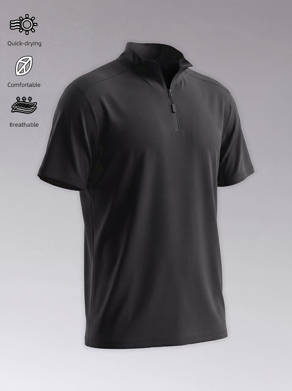 Men'S Stand-Up Collar Fitness Sweatshirt, 1/4 Half-Zipper Short Sleeve, Quick-Dry Breathable Slim Fit, Suitable for Cycling, Running, Gym Training - Black