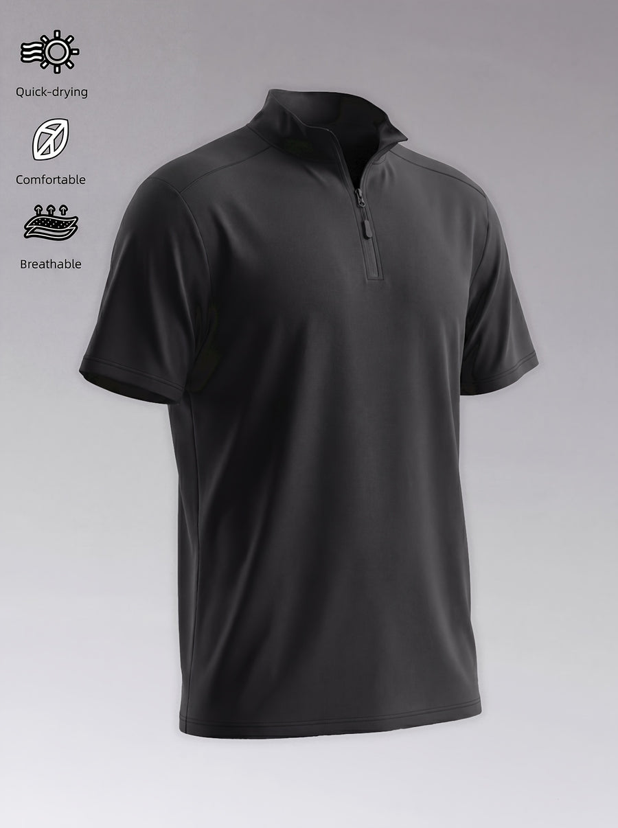 Men'S Stand-Up Collar Fitness Sweatshirt, 1/4 Half-Zipper Short Sleeve, Quick-Dry Breathable Slim Fit, Suitable for Cycling, Running, Gym Training - Black